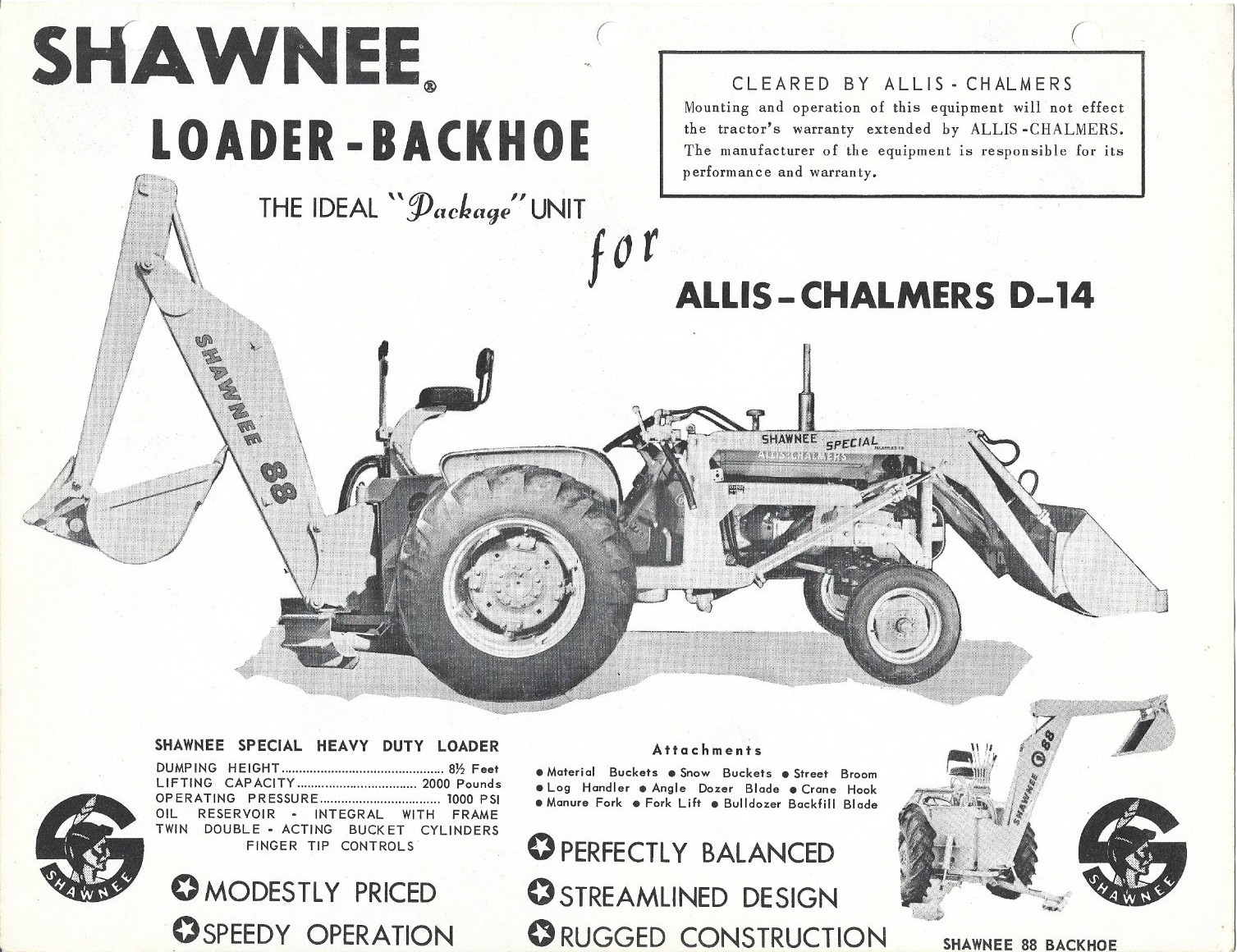Shawnee 88 Backhoe Loader for Allis Chalmers D14 Tractor – Single Page Brochure