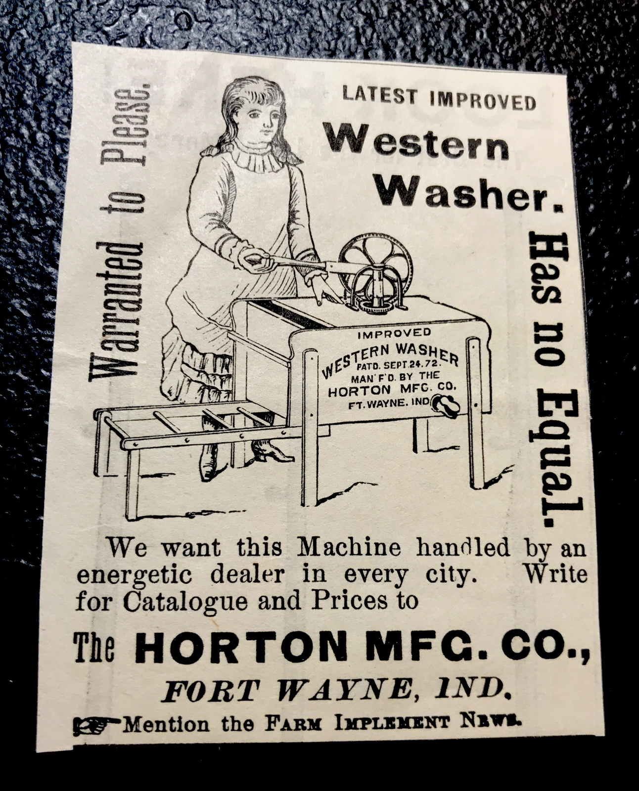 1886 Horton Western Washer Farm Advertising – Fort Wayne – Indiana