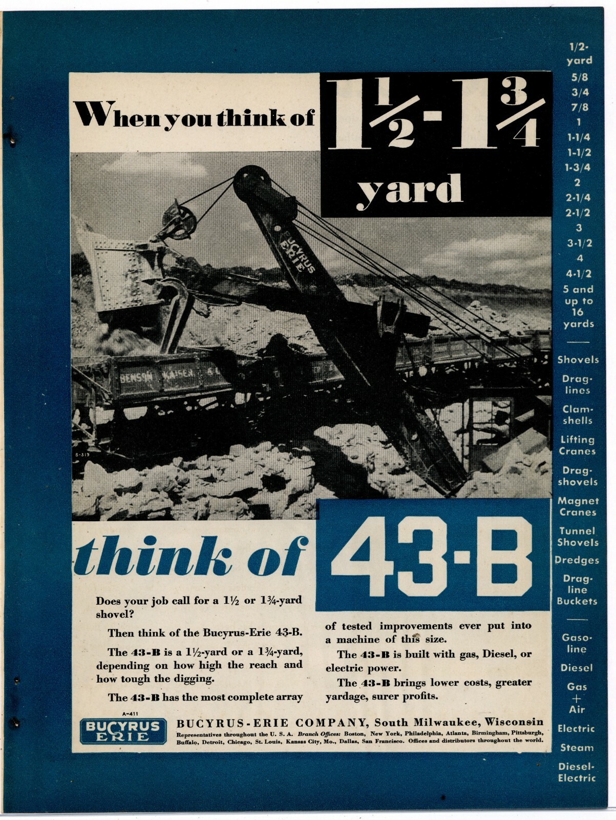 1931 Bucyrus Erie Equipment Ad: BE 43-B Shovel, Dragline, Clamshell, Crane