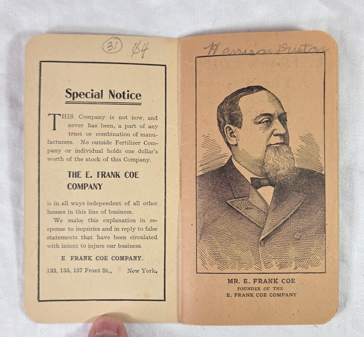E. Frank Coe Company Vtg. 1903 Pocket Notebook Advertisement