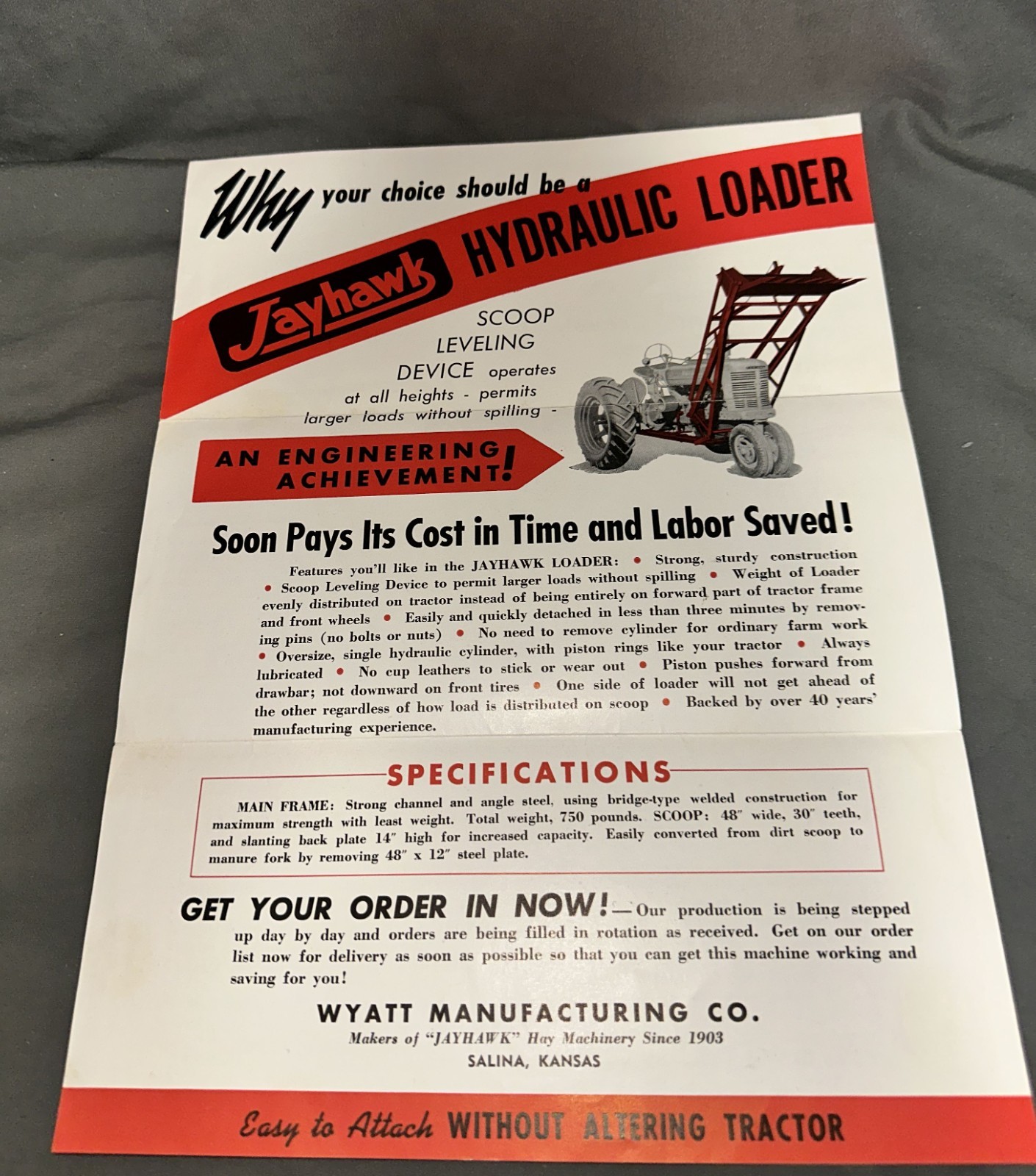 Jayhawk Hydraulic Loader Sale Literature – Wyatt Mfg – Salina, KS – 1948