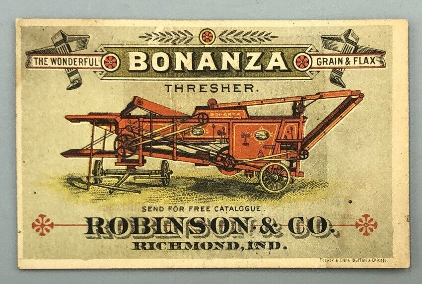 1880s BONANZA THRESHER Victorian FARM Advertising Trade Card RICHMOND INDIANA