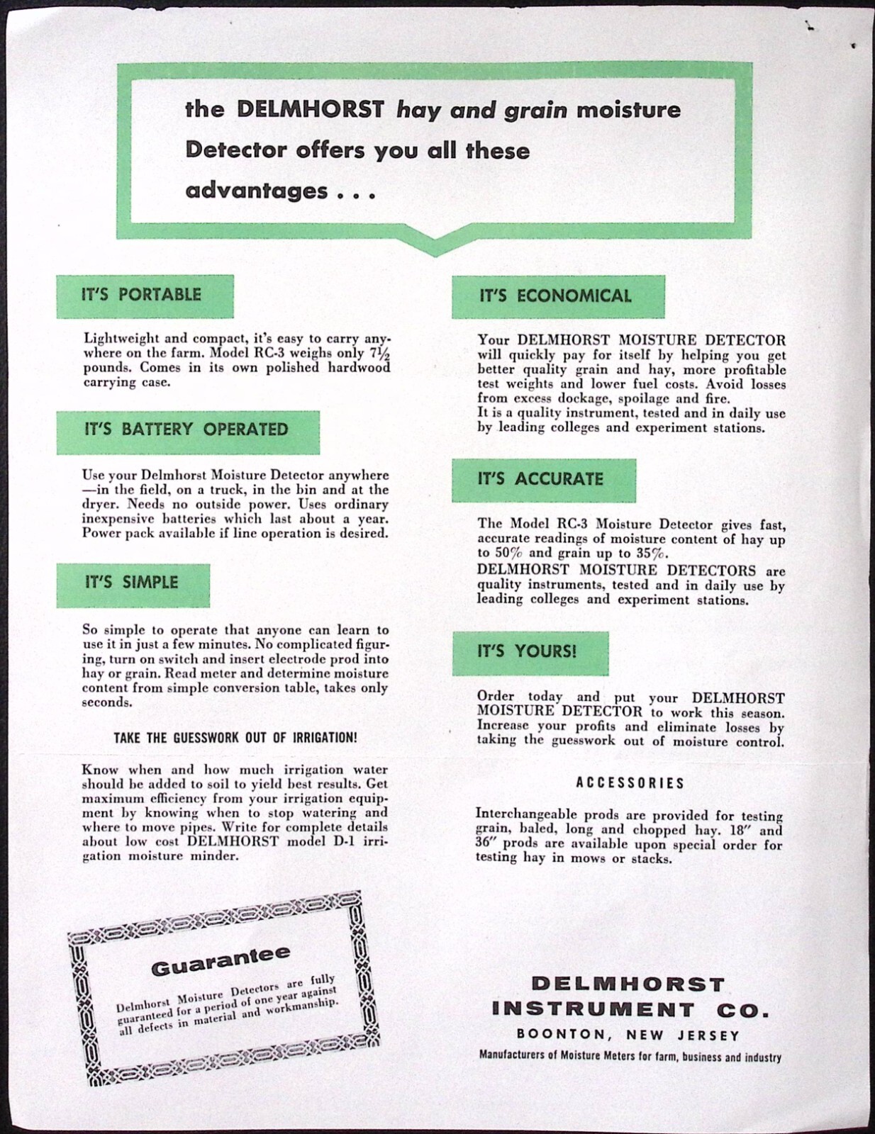 1952 Delmhorst Instrument Co Model RC-3 Hay & Grain Moisture Detector Brochure