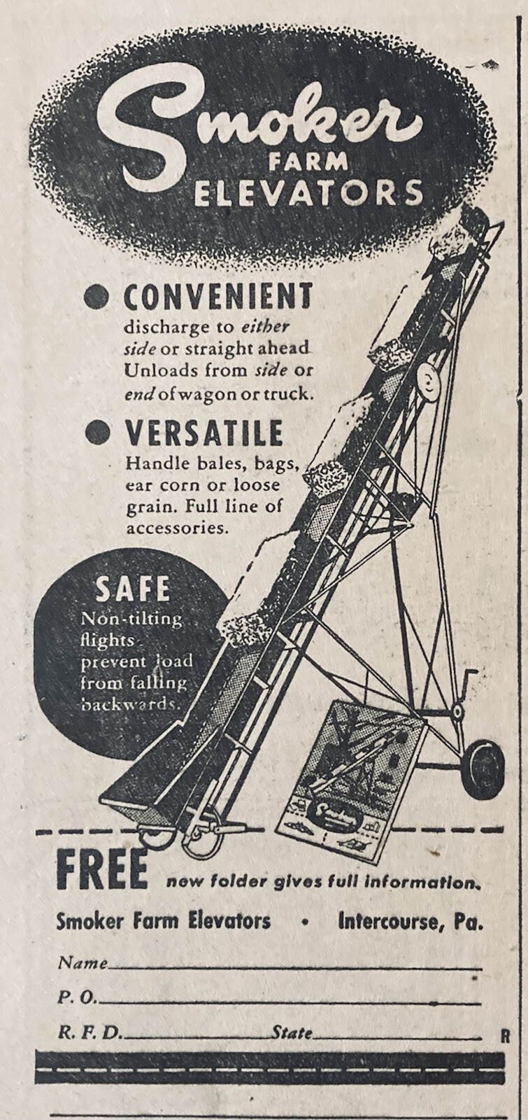 1951 AD.(XG21)~SMOKER ELEVATOR CO. INTERCOURSE, PA. FARM ELEVATORS