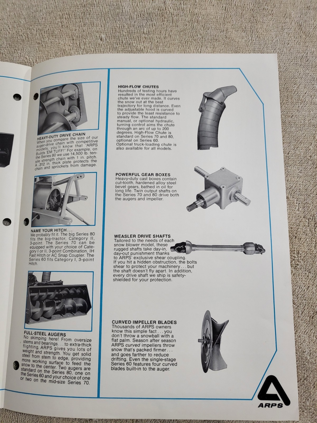Original ARPS Series 60 70 80 Snowblowers Sales BROCHURE Tractor Rear Mount PTO