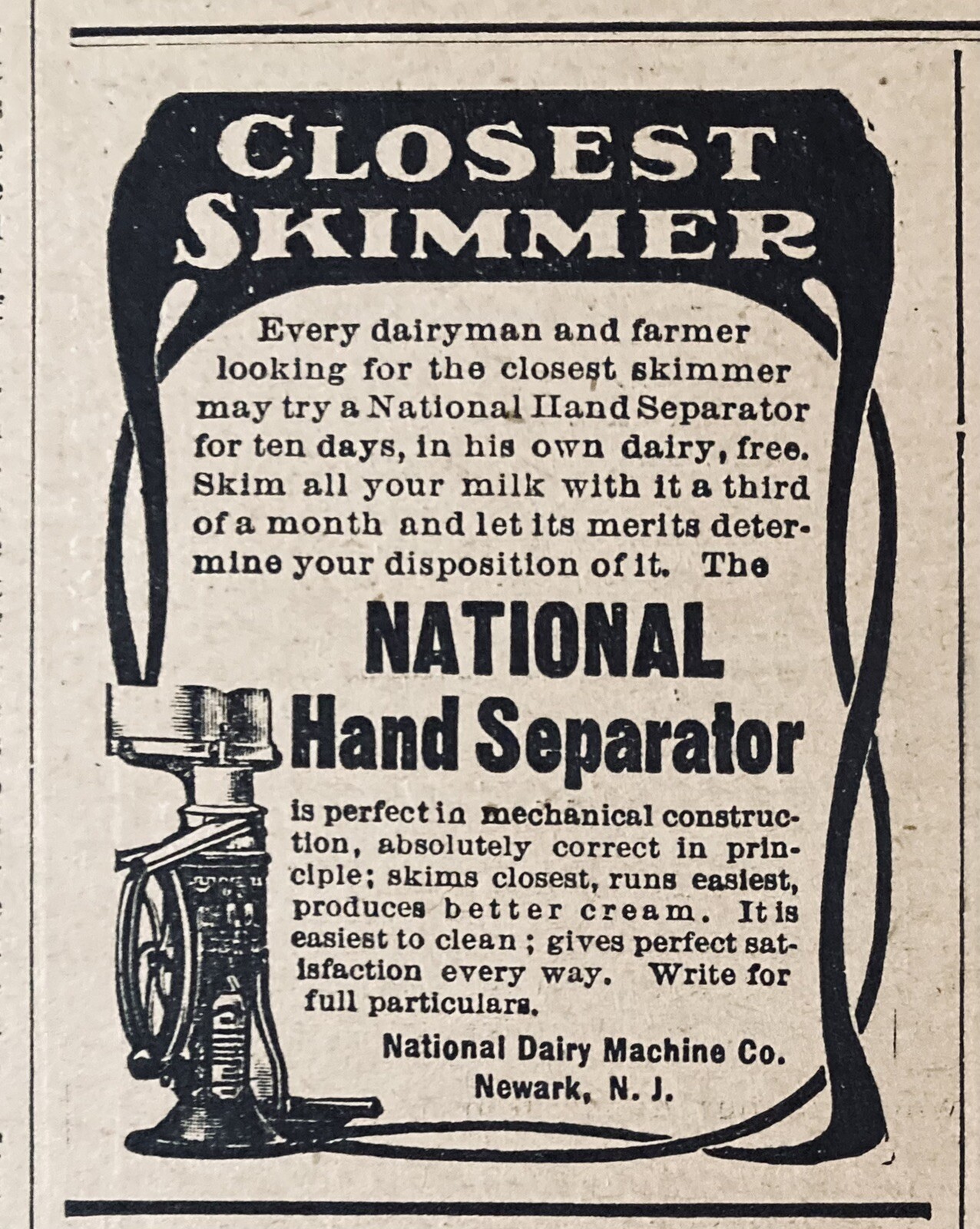 1902 AD.(XH10)~NATIONAL DAIRY MACHINE CO. NEWARK, NJ. NATIONAL CREAM SEPARATOR