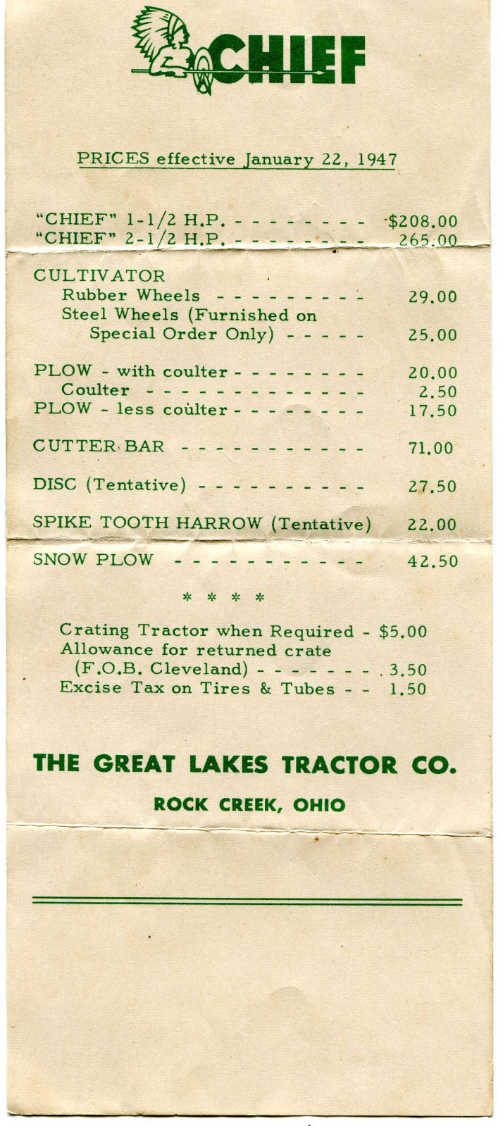 1947 Print Ad Price Sheet Flyer for Chief Great Lakes Tractor Co. Rock Creek OH