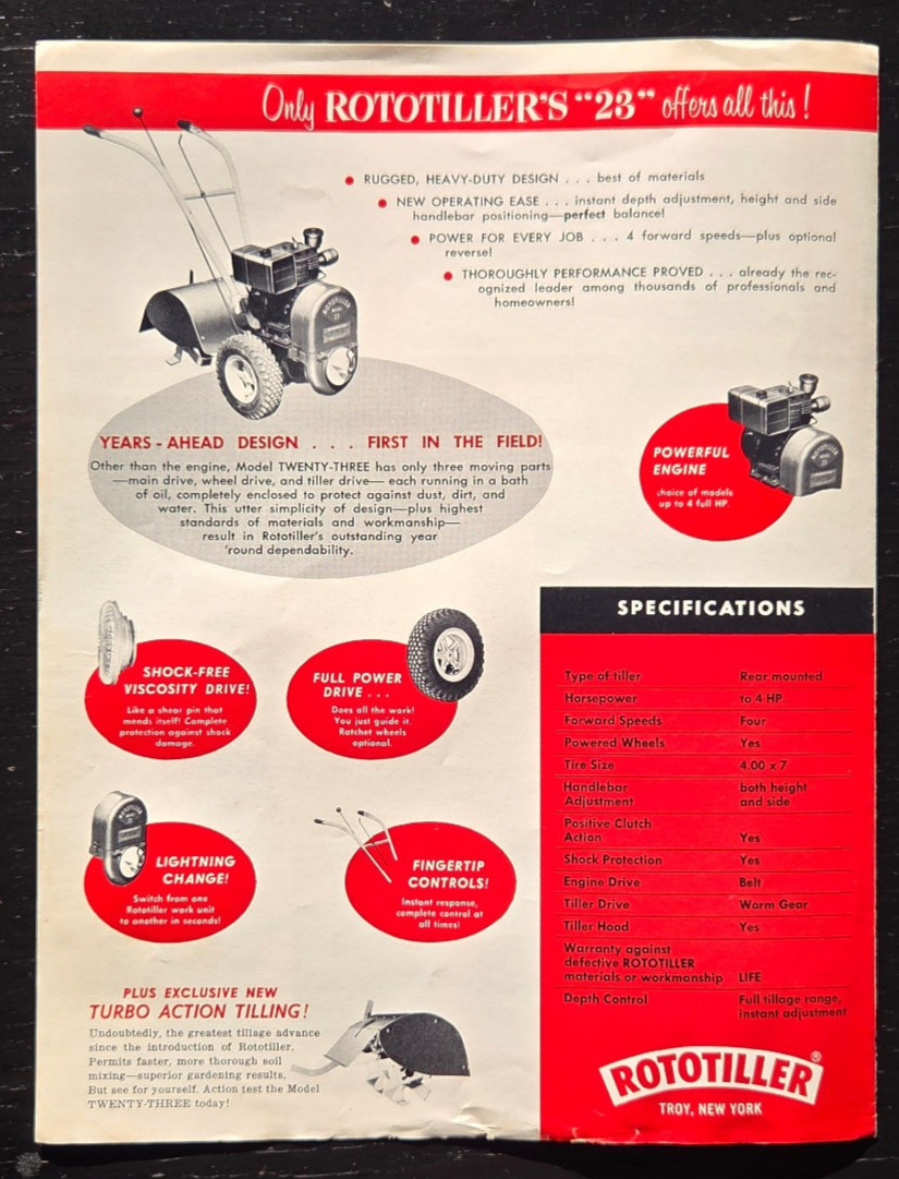 1950&rsquo;s ROTOTILLER MODEL 23 ROTARY TILLER 7 POWER TOOLS BROCHURE TROY NEW YORK