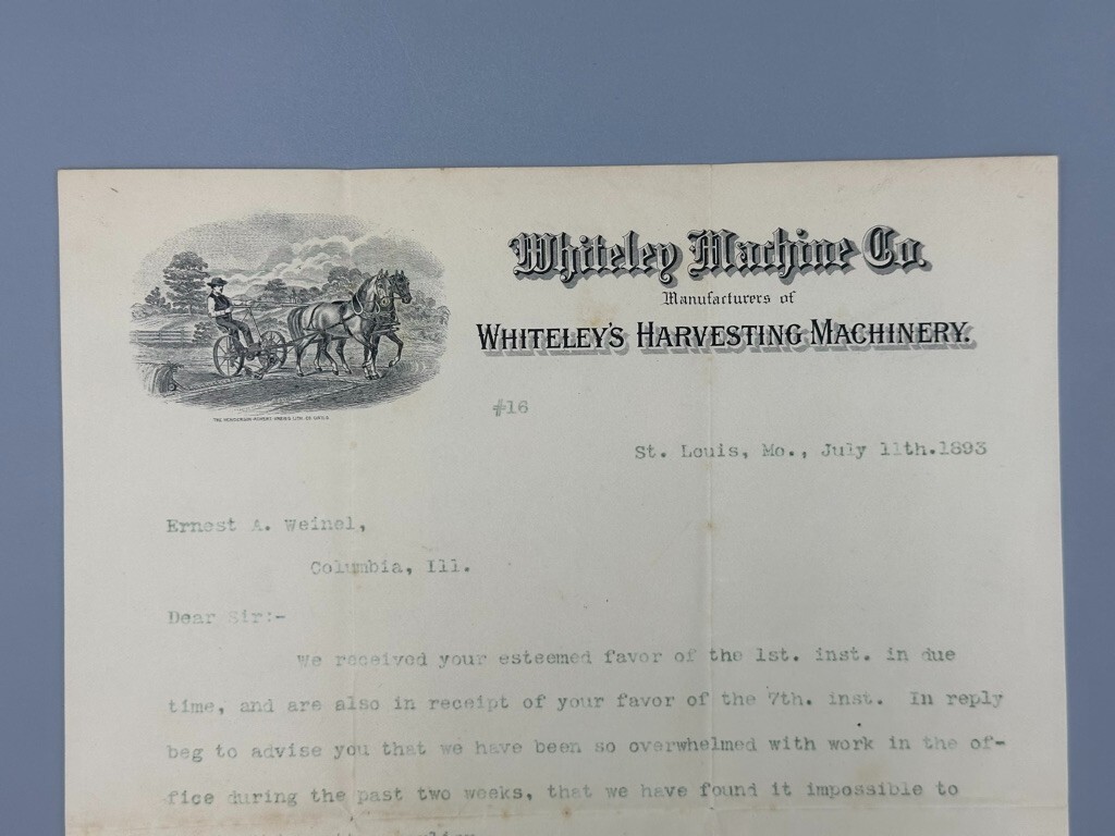 1893 WHITELEY&rsquo;s HARVESTING MACHINERY Illustrated FARM ADVERTISING Letterhead