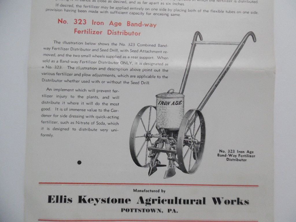 c.1940 Iron Age Band-Way Fertilizer Spreader Catalog Sheet Ellis Keystone Vintag