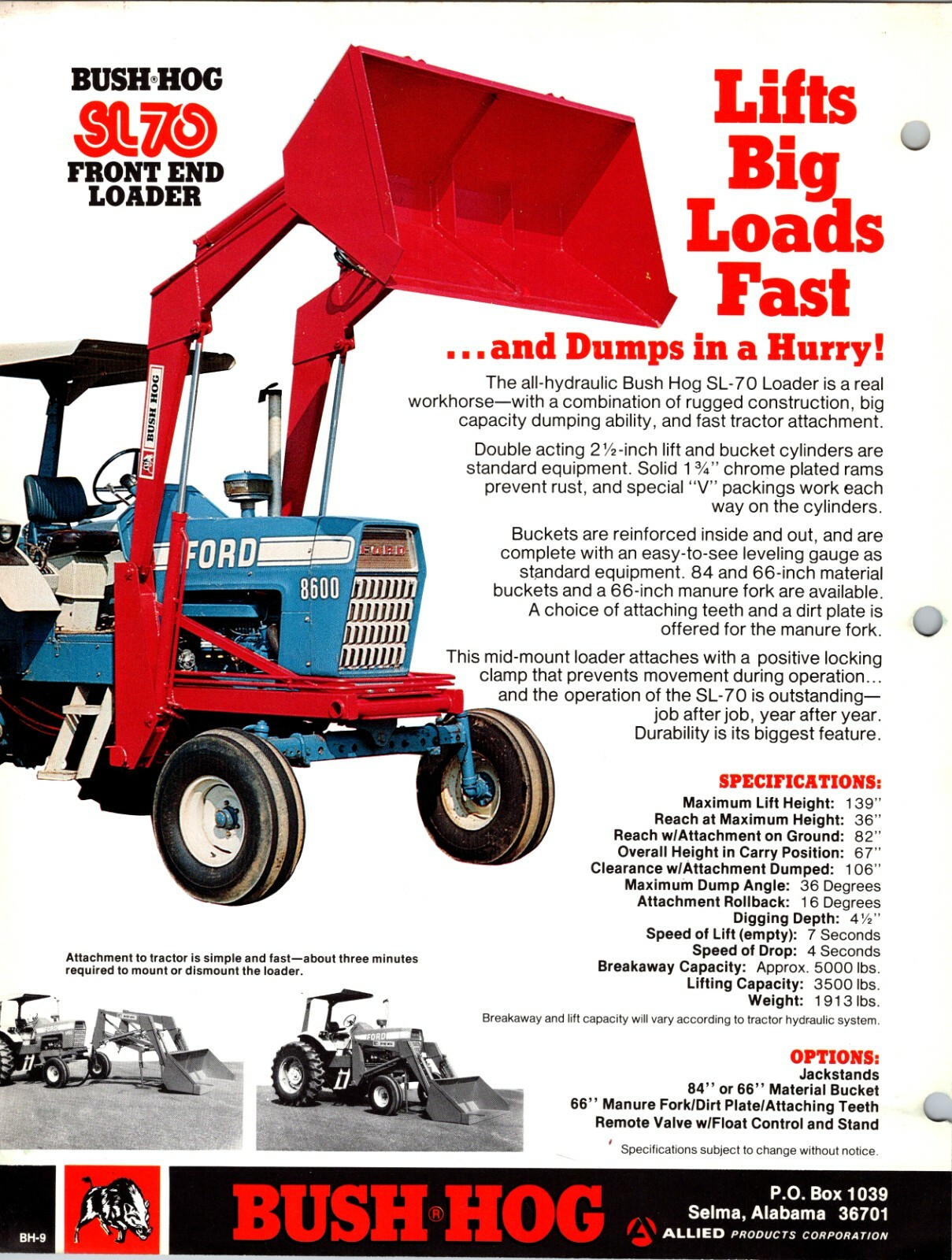 One(1) Bush-Hog SL70 Front End Loader Dealer Sales Specs Accessory Brochure