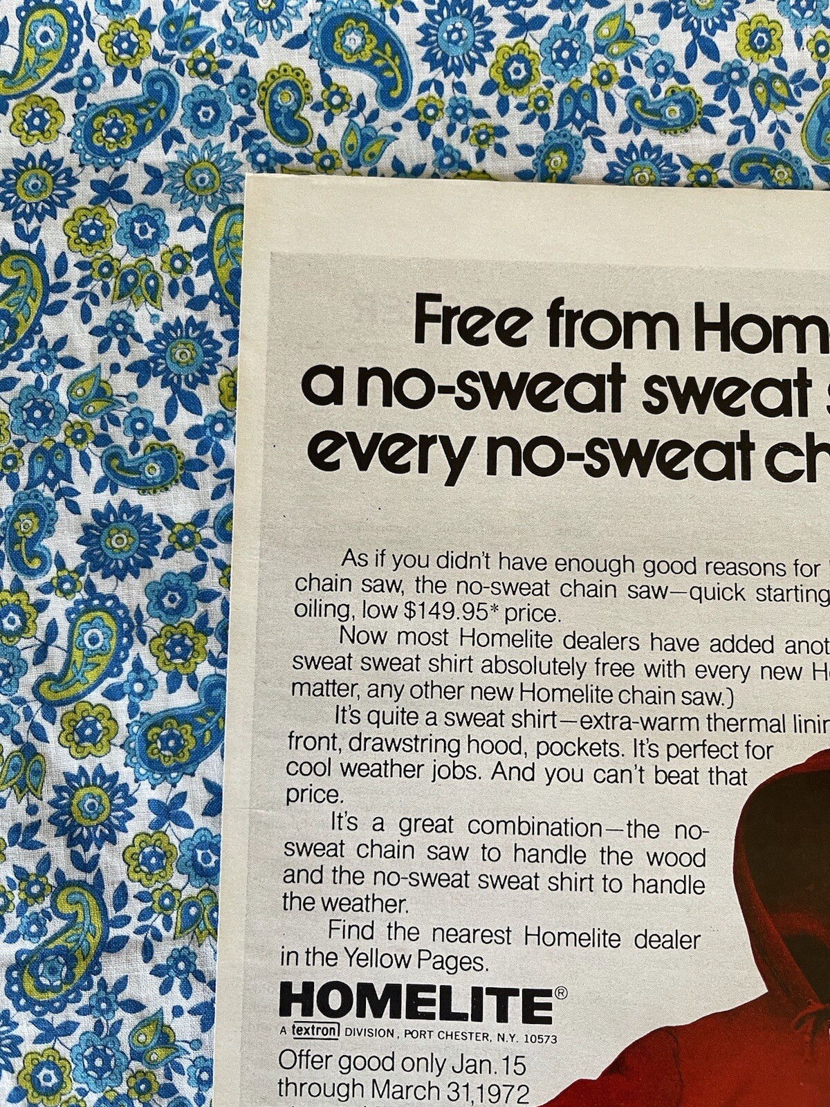 Vintage 1972 Homelite 150 Chainsaw Print Ad Sweatshirt Giveaway Hoodie