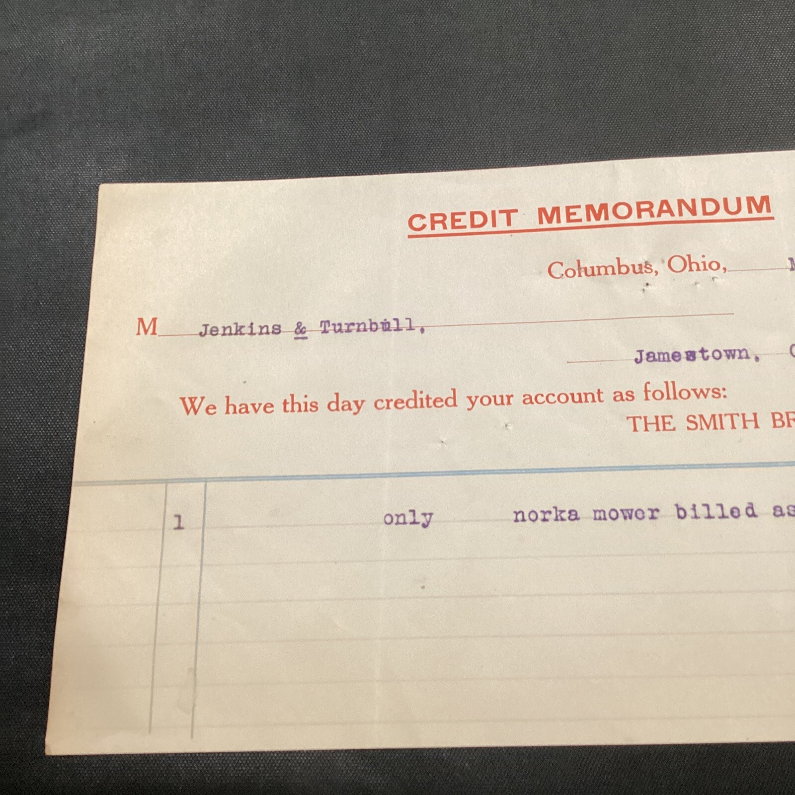 1915 Jenkins Turnbull Credit Memo Columbus Norka Mower Lawn King Invoice