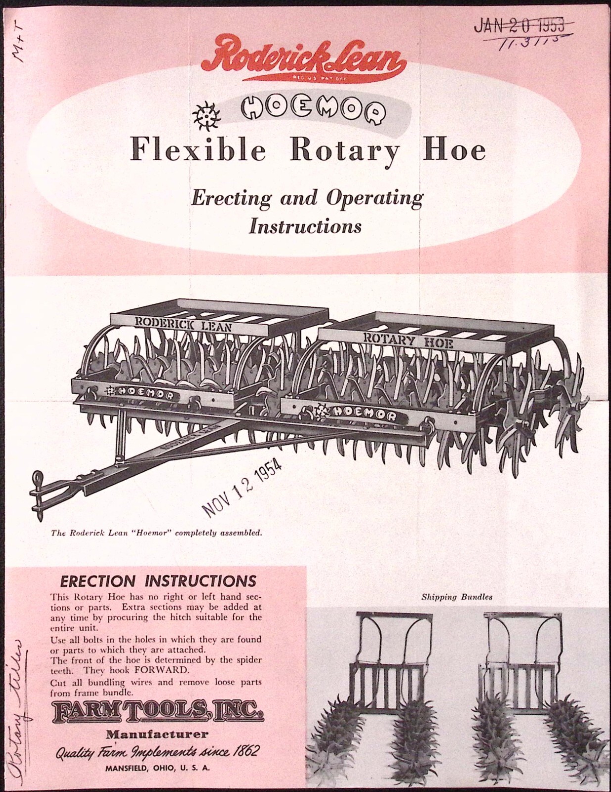 1954 Roderick Lean Hoemor Flexible Rotary Hoe Brochure Farm Tools Inc Mansfield