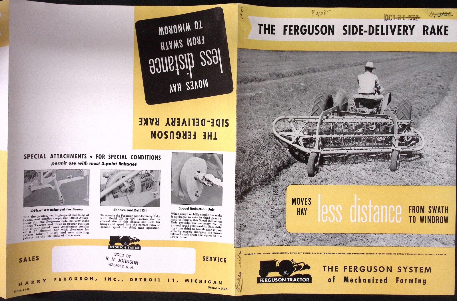1952 Freguson Side Delivery Rake Ferguson Tractor Detroit MI Dealer Brochure