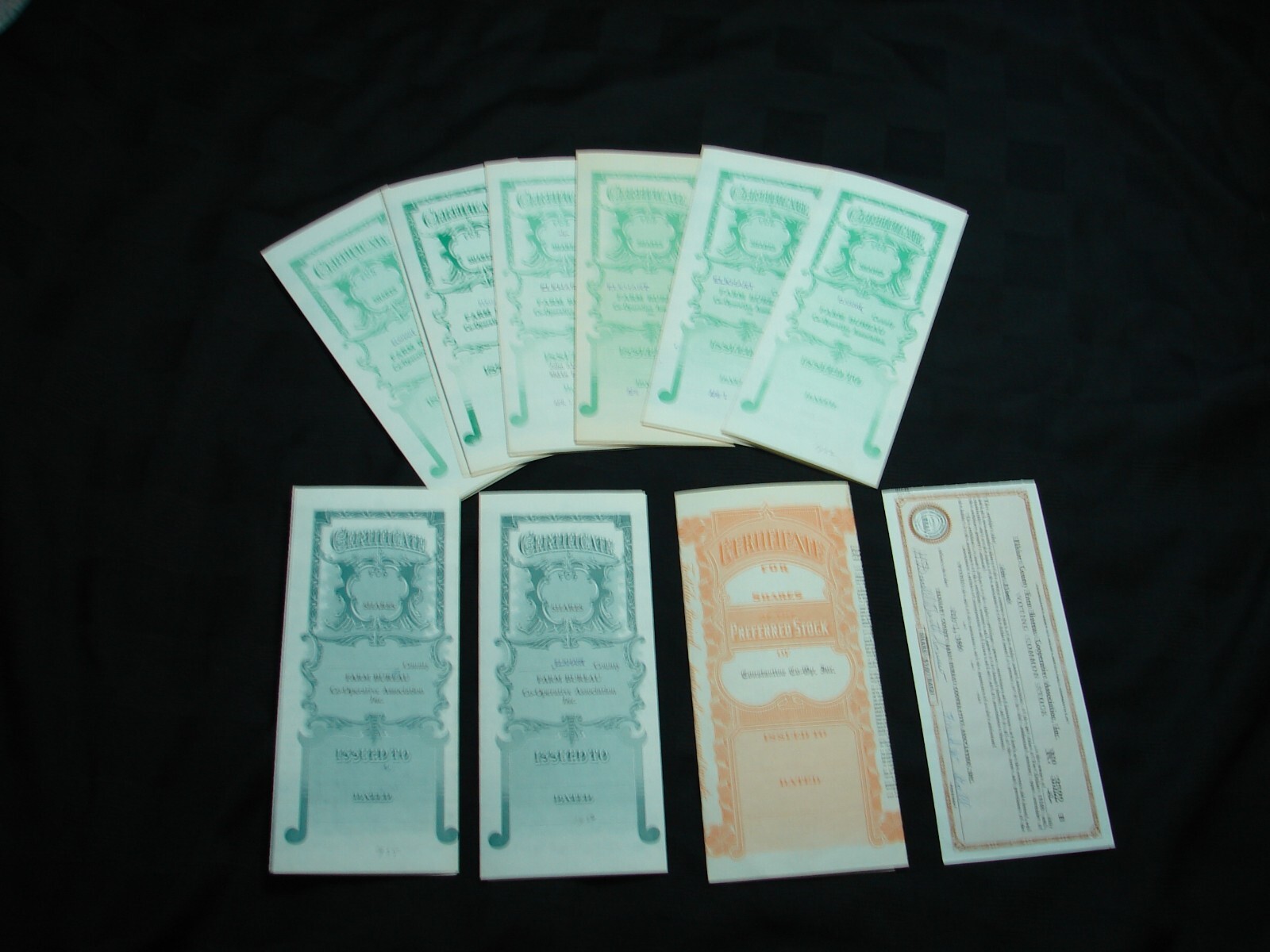 Vintage collection of 10 Farm Bureau Co-Op Stocks 1948-1960