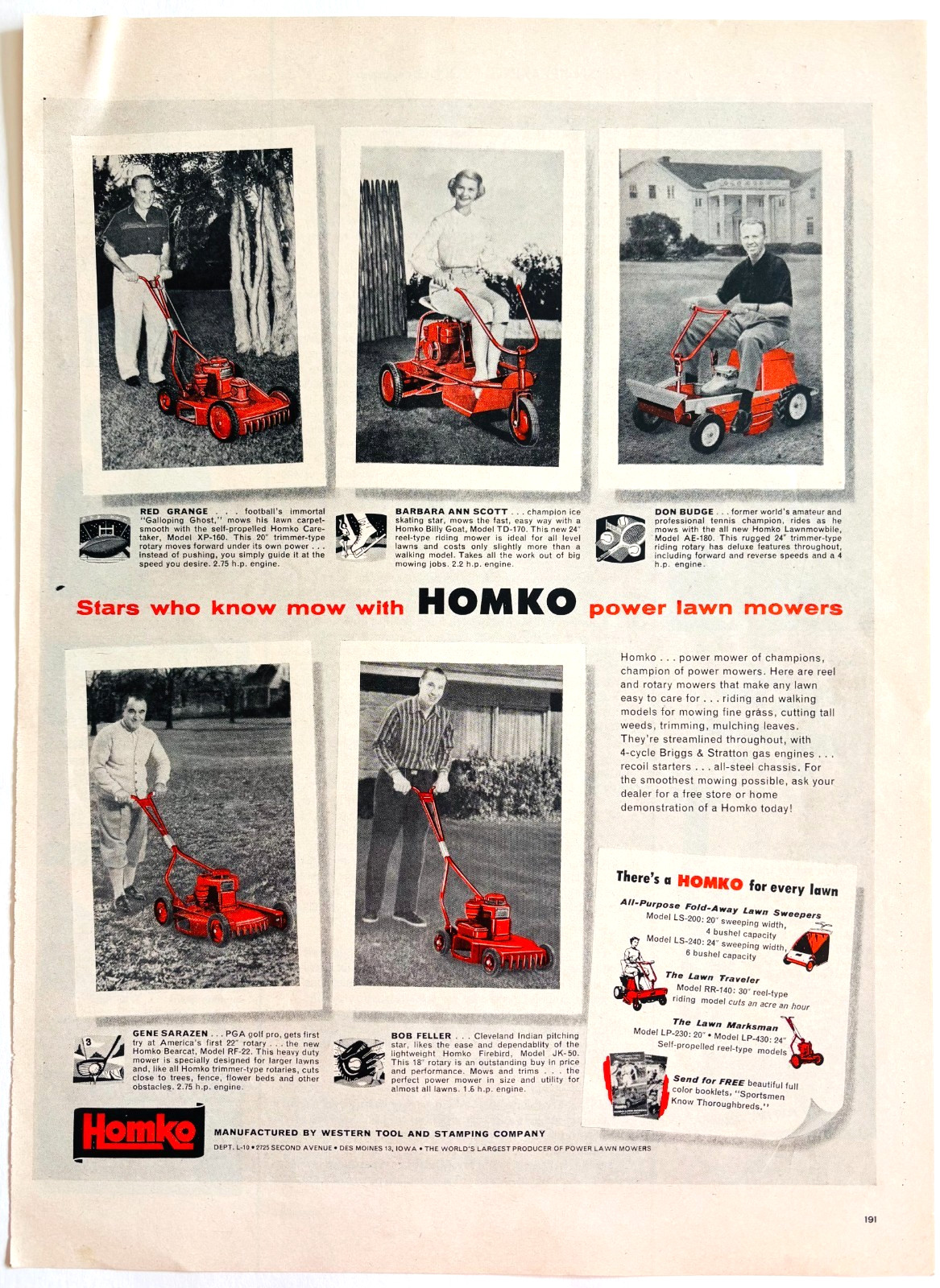 1956 Homko Power Mowers Advertisement Vintage Red Grange Don Budge Feller DWYY5