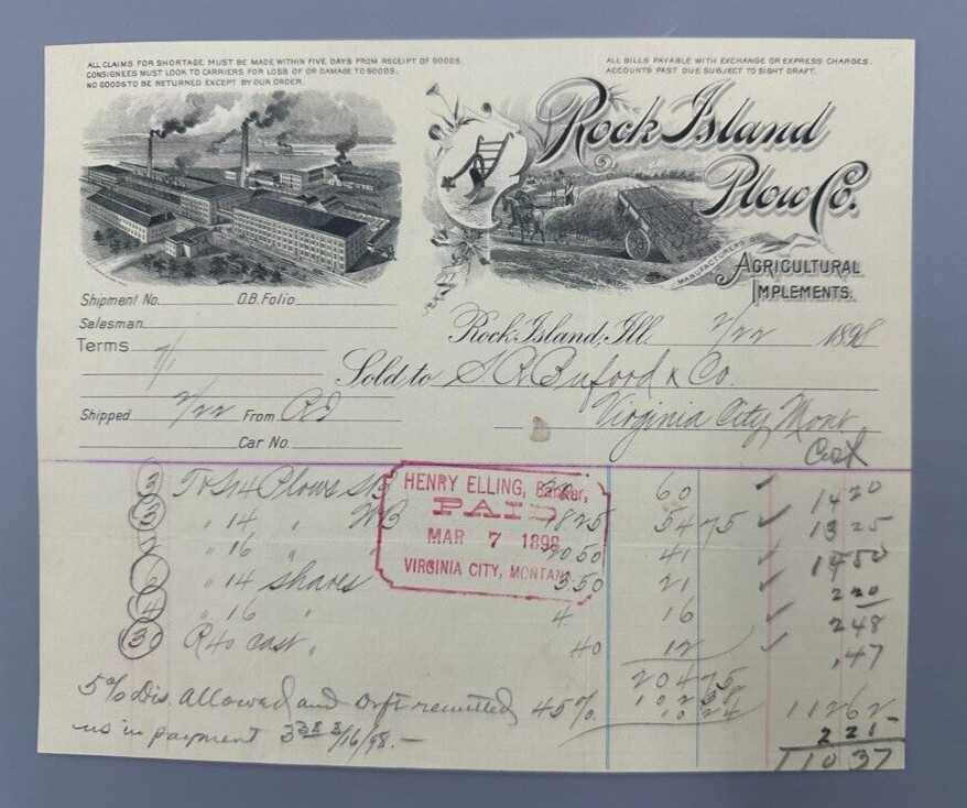 1898 ROCK ISLAND PLOW Billhead FARM Advertising Illinois
