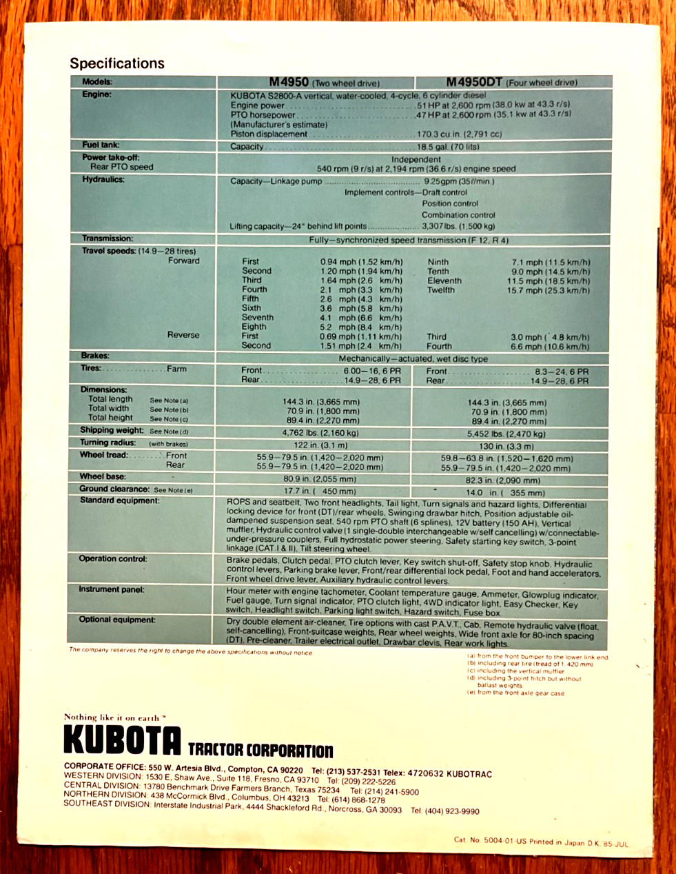 Kubota M4950 Diesel Tractor 2WD 4WD 1985 sales brochure