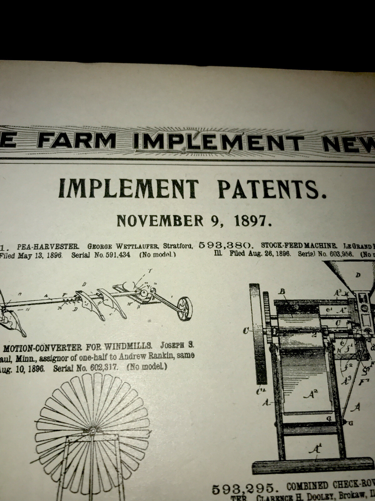 ORIGINAL 1897 Farm Implement Patents Advertising – Double Sided – 10” X 15”