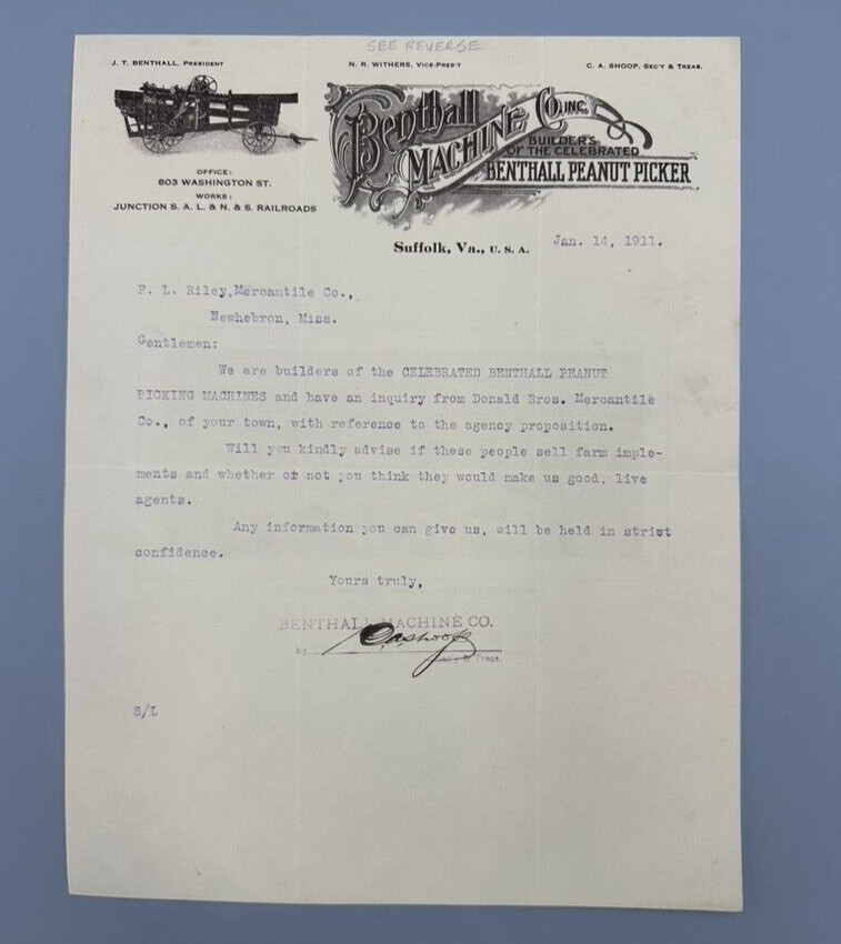 1911 BENTHALL PEANUT PICKER Machinery FARM Advertising Letter SUFFOLK Virginia