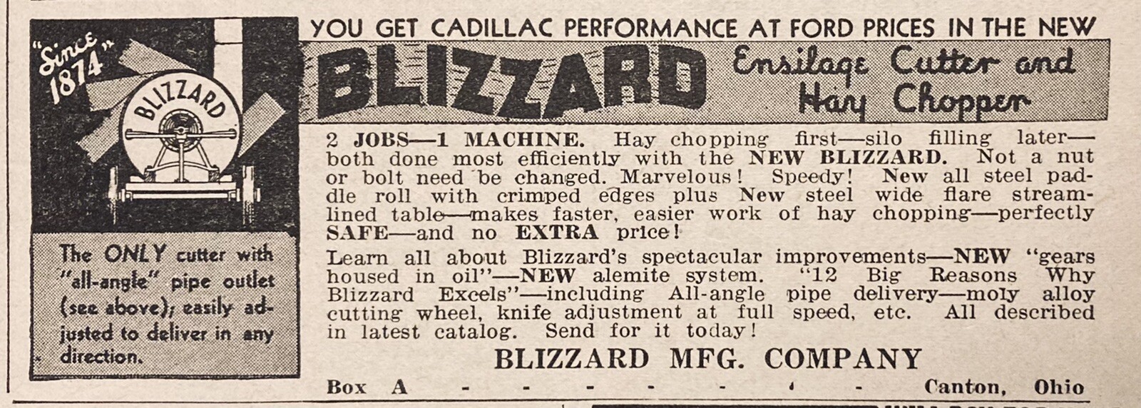 1936 AD.(XH17)~BLIZZARD MFG. CO. CANTON, OHIO. BLIZZARD HAY CUTTER CHOPPER