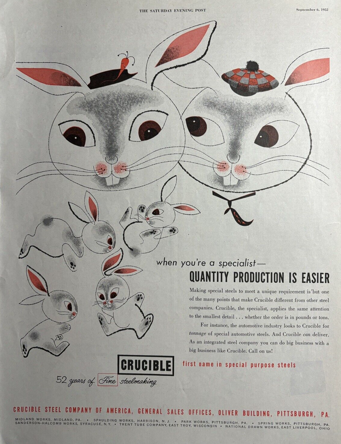 1952 Crucible Steel Company America Pittsburgh Pa Rabbits Fine Vintage Print Ad