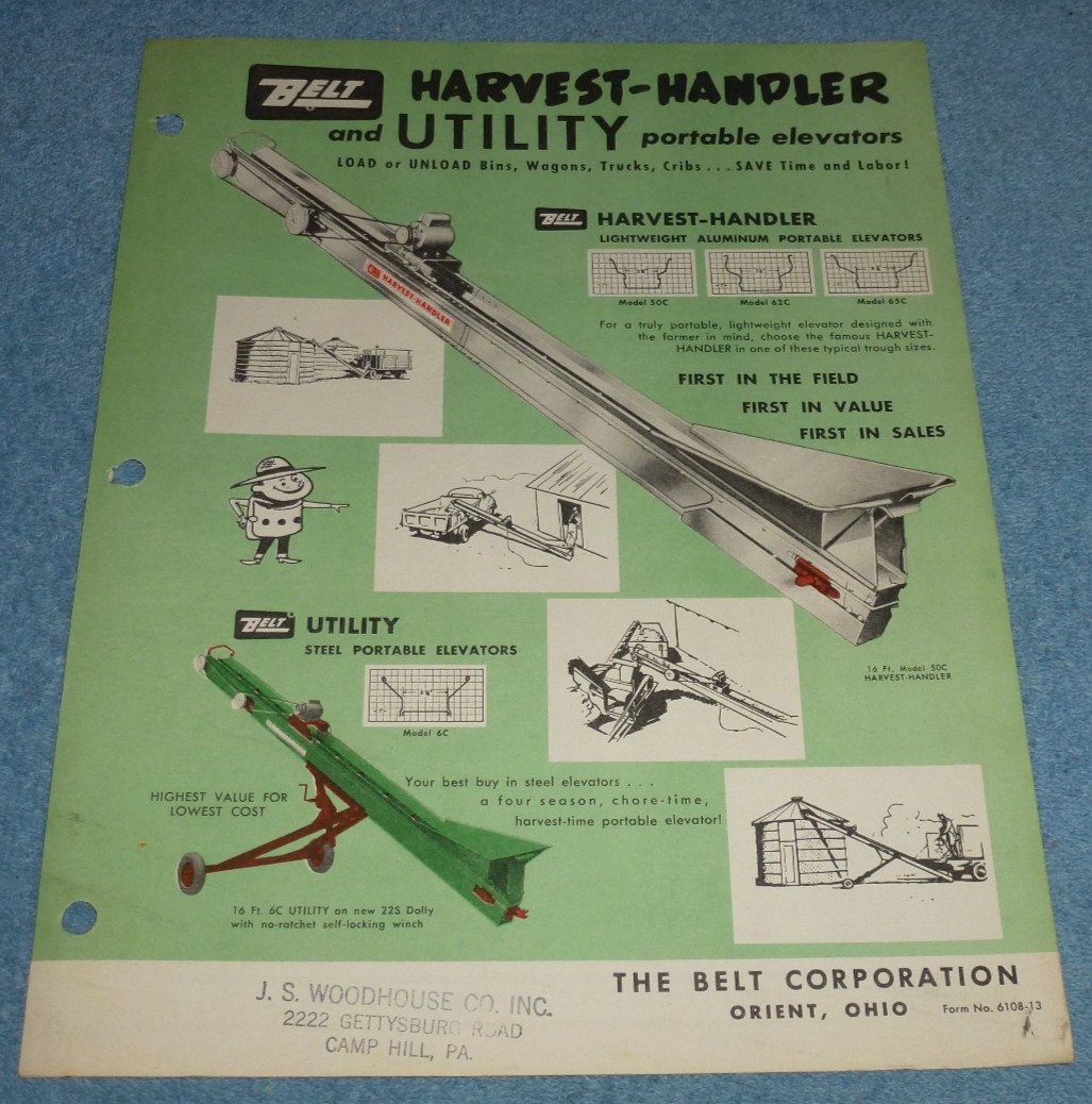 Lot of 3 Vintage Belt Corp Harvest-Handler Utility Portable Elevators Brochures