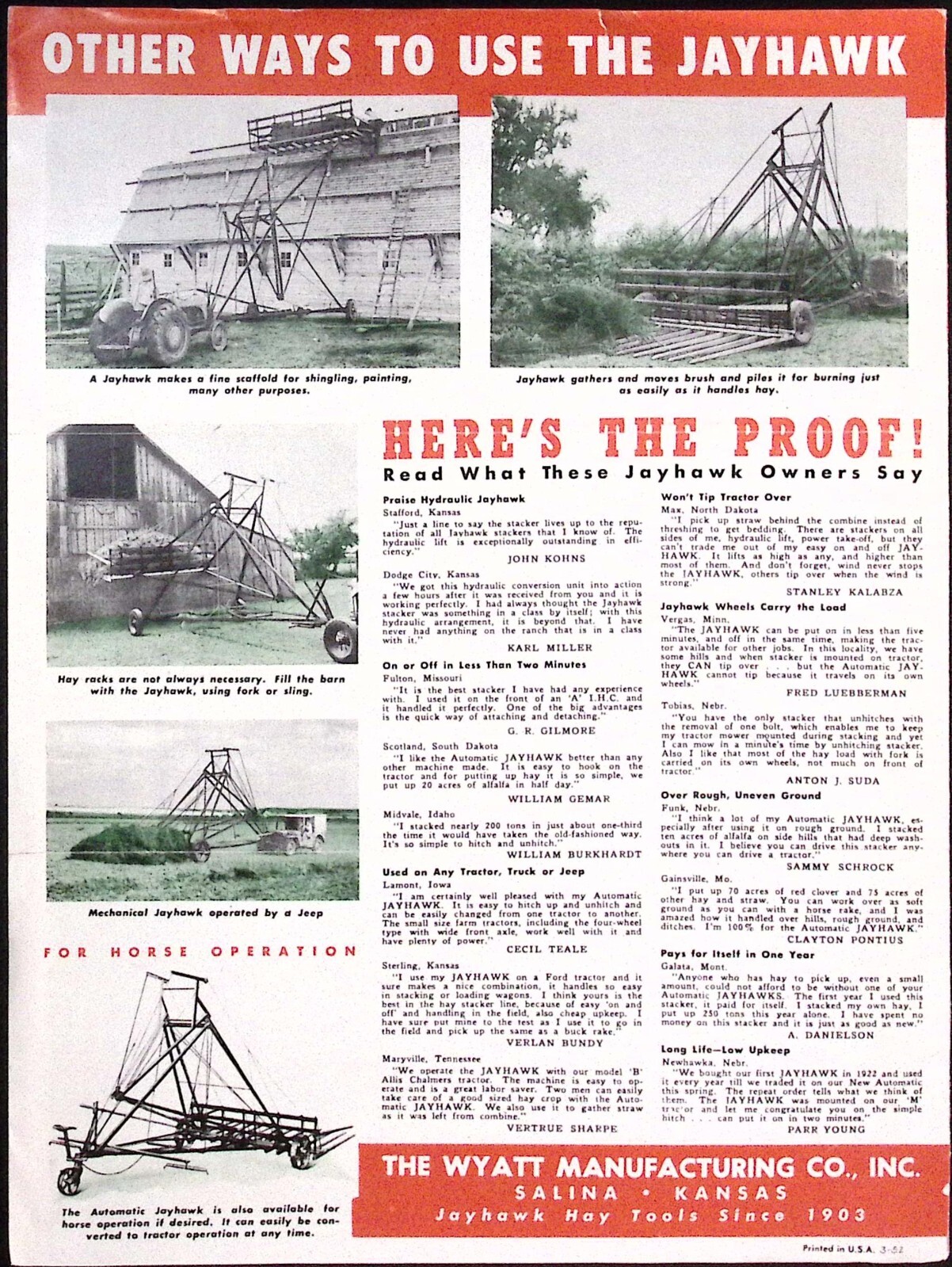 1953 Wyatt Mfg Co Improved Automatic Jayhawk Stacker Loader Sweeprake Brochure