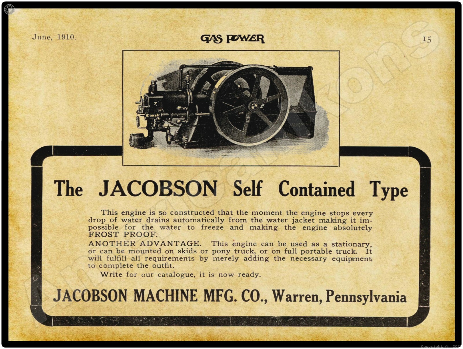 1910 Jacobson Machine Co. Gas Engines New Metal Sign: LARGE SIZE 12 x 16