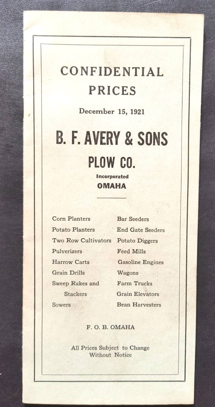 1920s B.F. Avery & Sons Plow And Harvest Co. Dealer Brochure Price List Farming