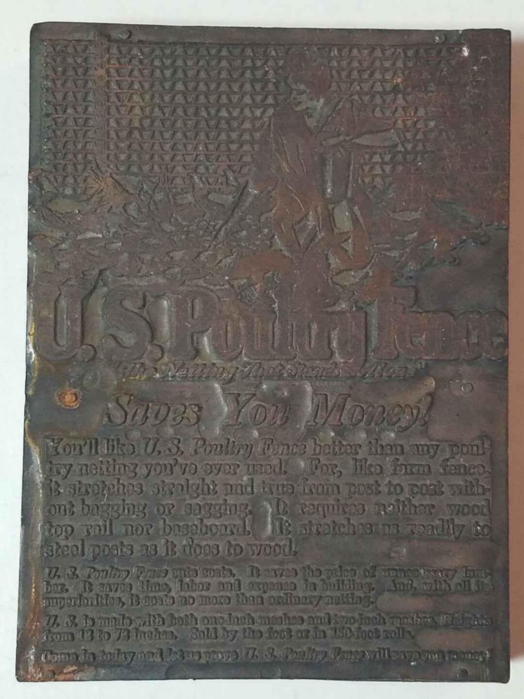 Rare 1930s Letterpress Printer&rsquo;s Block U S Poultry Fencing Indiana Steel Muncie