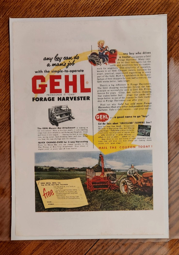 GEHL farm forage harvester 1953 Original Vintage print ad