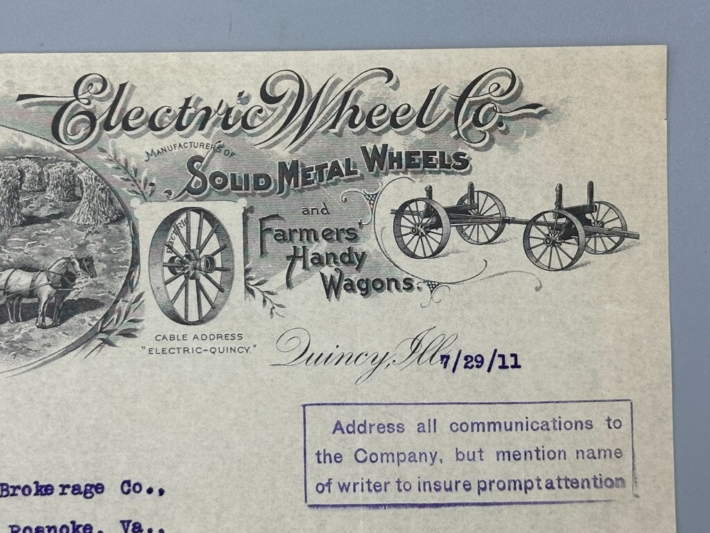 1911 ELECTRIC WHEEL Co FARM WAGON Advertising Letter QUINCY Illinois