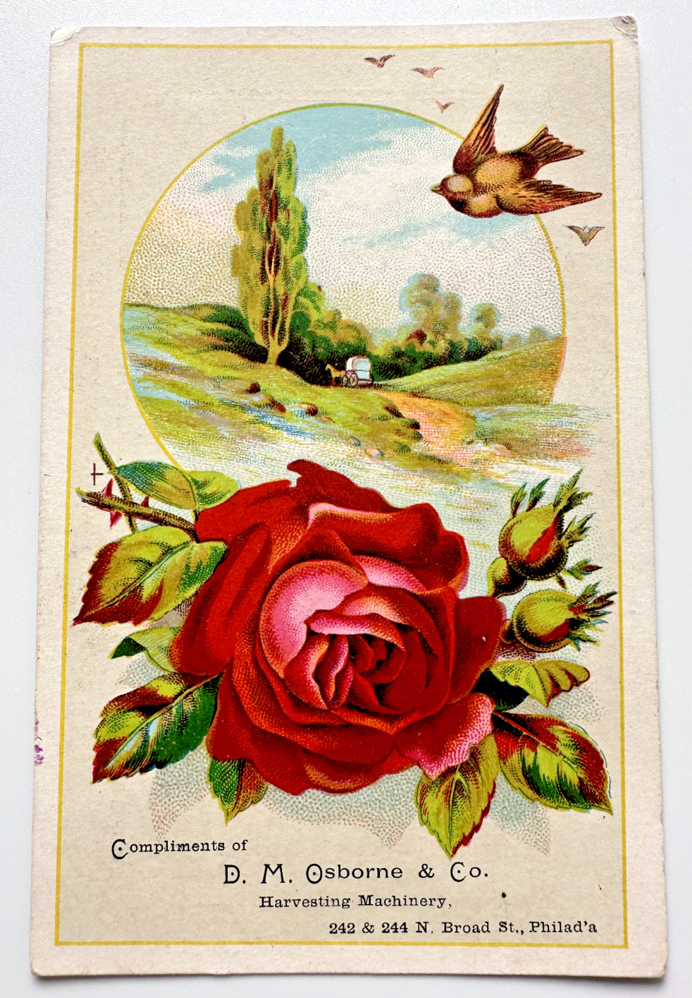 D. M. OSBORNE & CO. HARVESTING MACHINERY: VICTORIAN TRADE CARD: PASTORAL SCENE