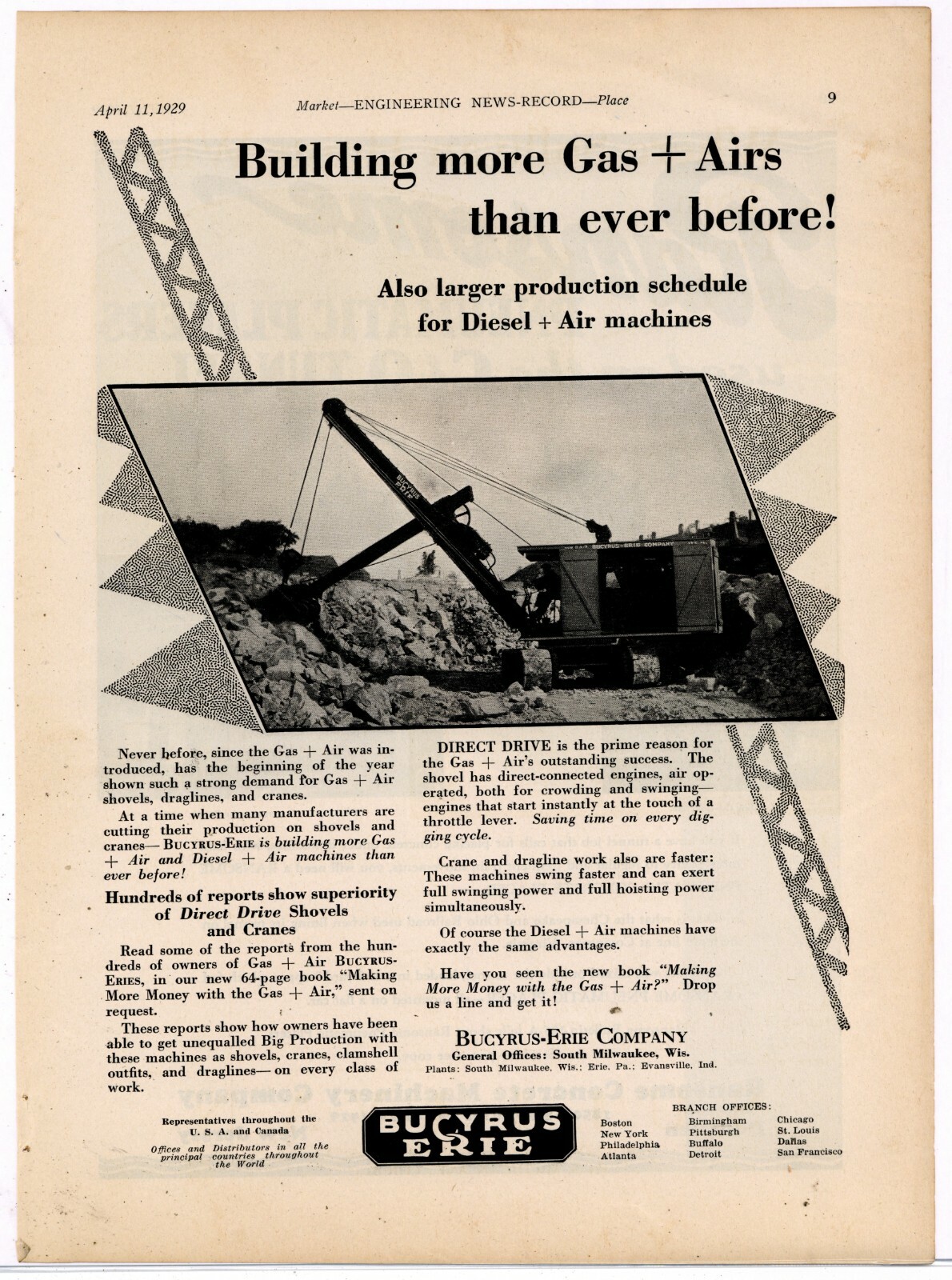 1929 Bucyrus Erie Equipment Ad: Gas + Air Shovel, Dragline, Crane. S. Milwaukee