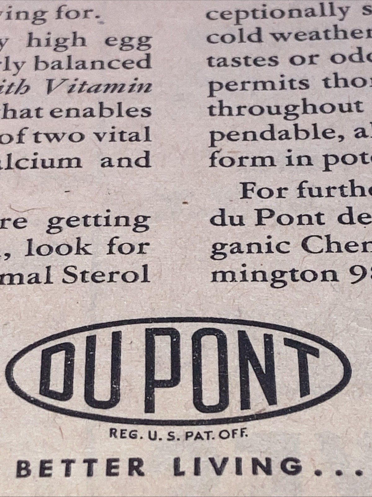 DuPont Delsterol Poultry Feed VTG Print Ad 1945 5”X11” D-Activated Animal PT1