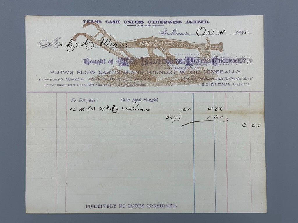 1881 BALTIMORE PLOW Co Antique Illustrated FARM Advertising Billhead MD