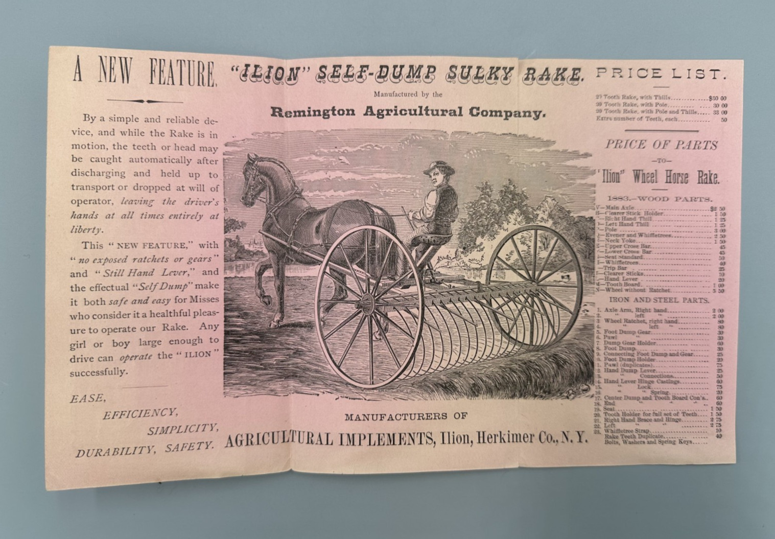 1883 REMINGTON Arms AGRICULTURAL Farm Advertising ILION Sulky Rake NY
