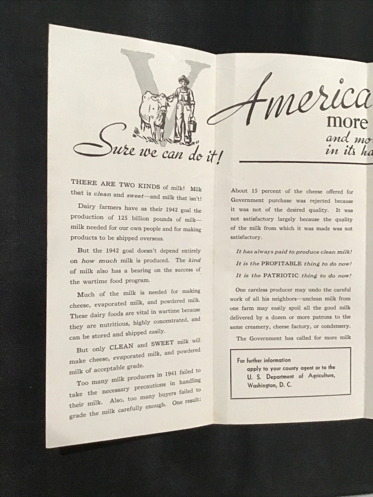 WW2 Clean Milk US Dept of Agriculture flyer brochure