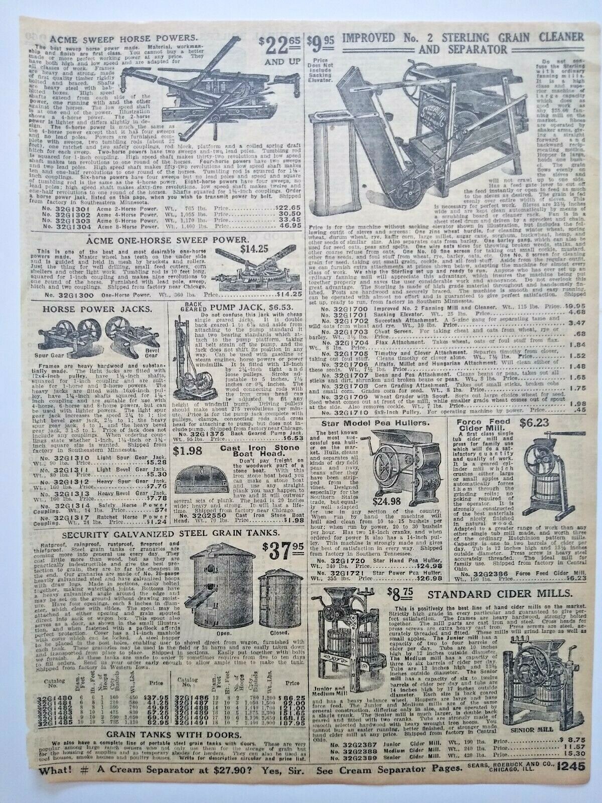 1911 Antique Sterling No. 2 Grain Separator Sears Catalog Page Vintage Print Ad
