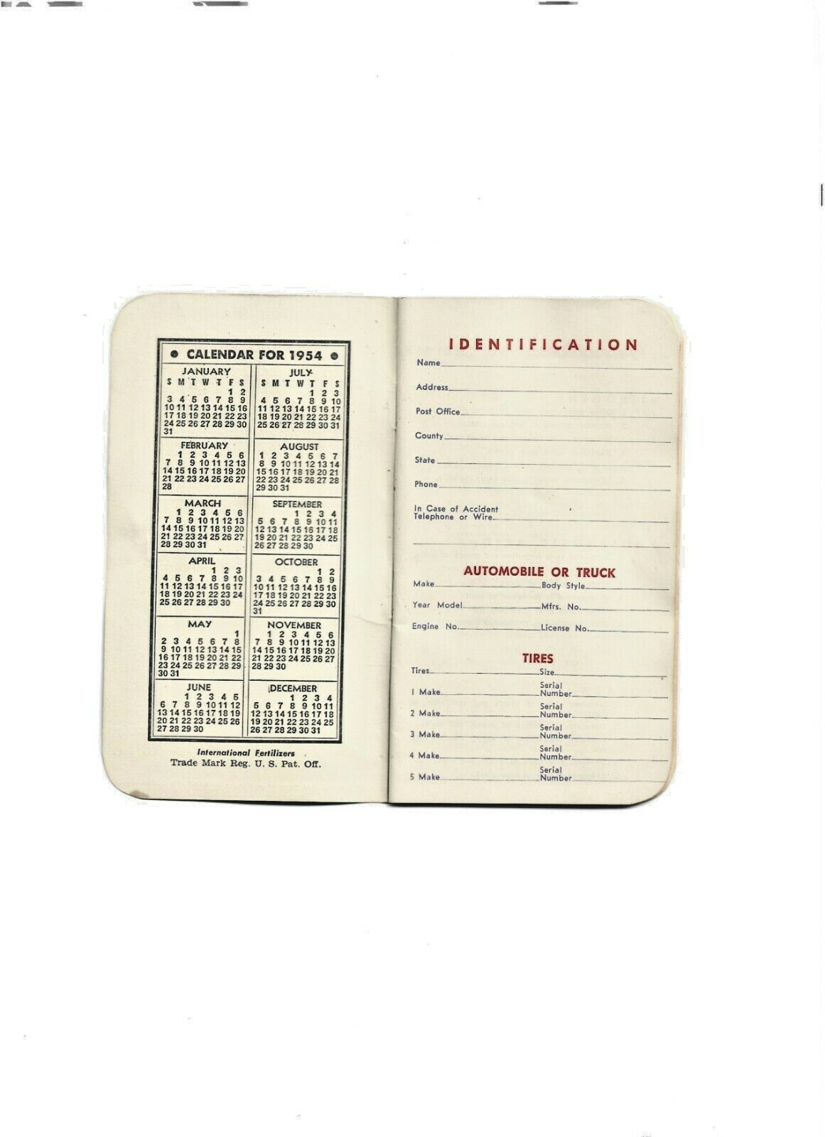 1954 INTERNATIONAL FERTILIZERS – FORT WORTH, TEXAS POCKET NOTE BOOK