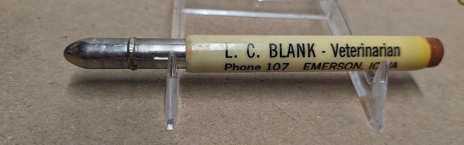 Vintage L. C. Blank Veterinarian Phone 107 Emerson Iowa IA Bullet Pencil