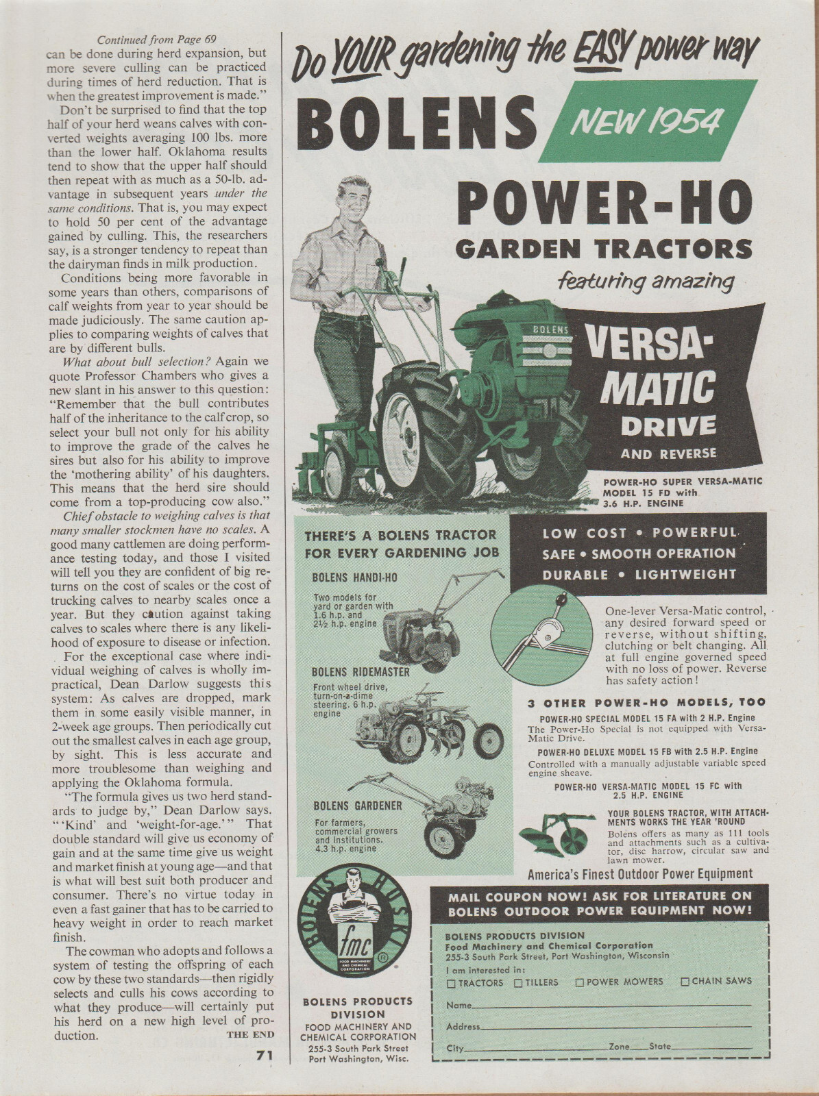 1954 Bolens Power-Ho Tractor – Walk Behind Garden Guy Gargening – Print Ad Art