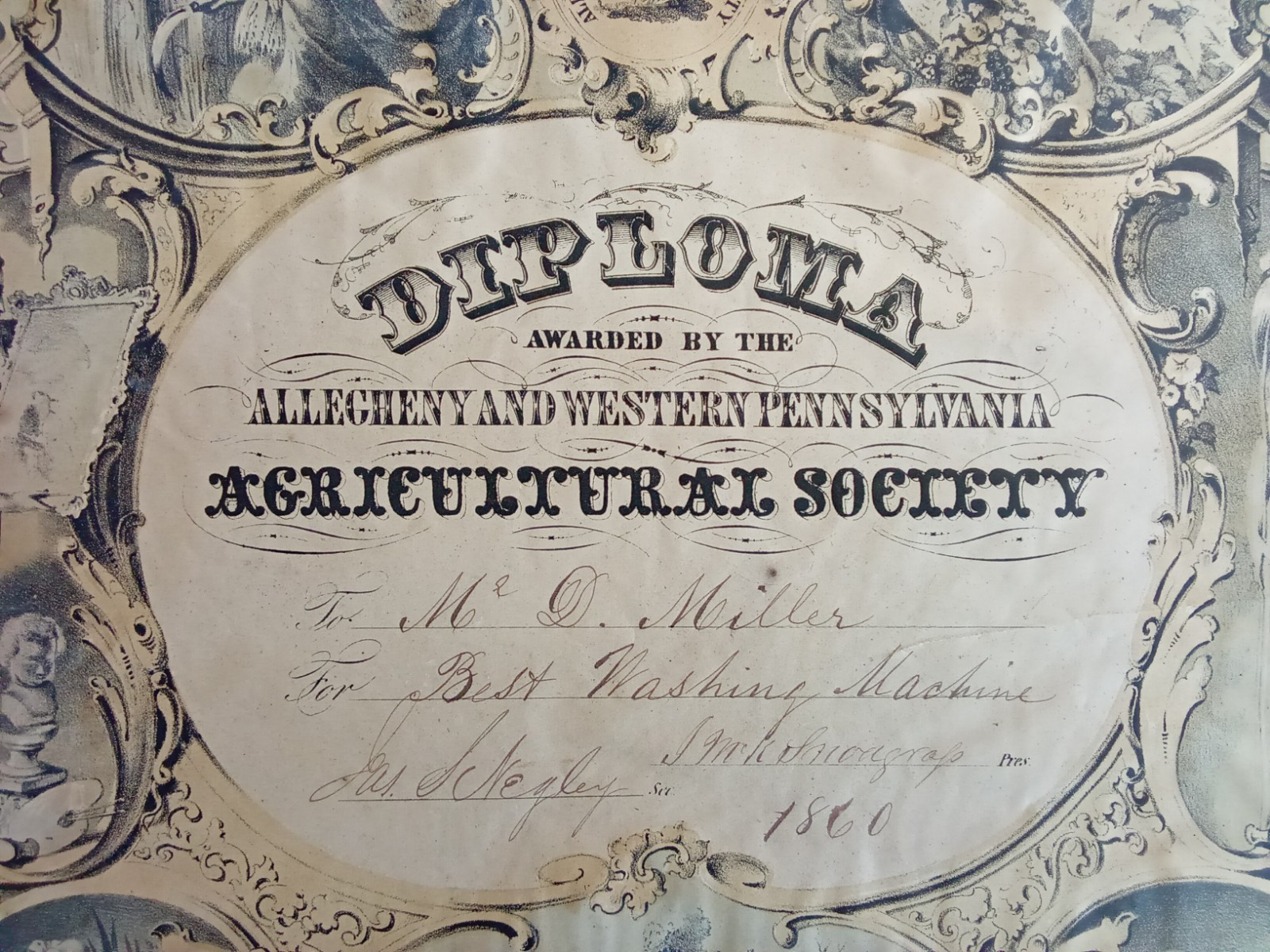 ANTIQUE 1860 ALLEGHENY PENNSYLVANIA AWARD BEST WASHING MACHINE AGRICULTURAL SOC.