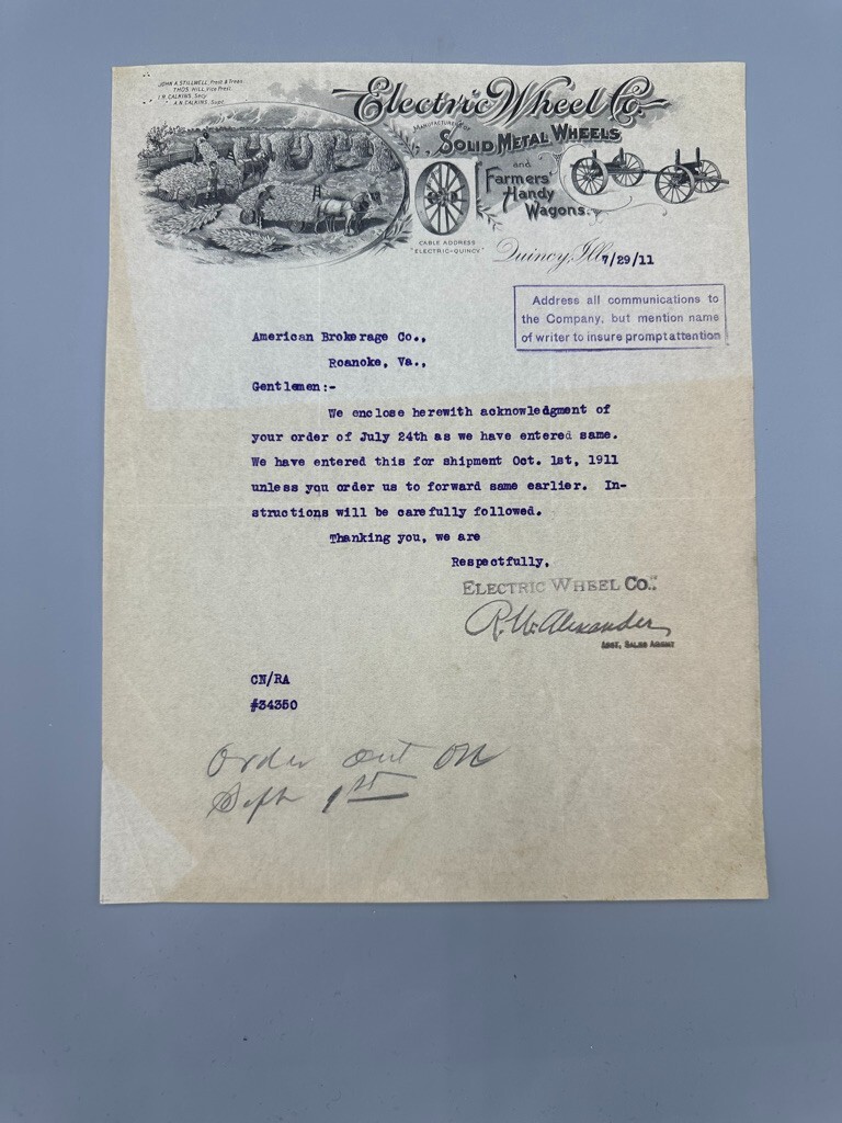 1911 ELECTRIC WHEEL Co FARM WAGON Advertising Letter QUINCY Illinois