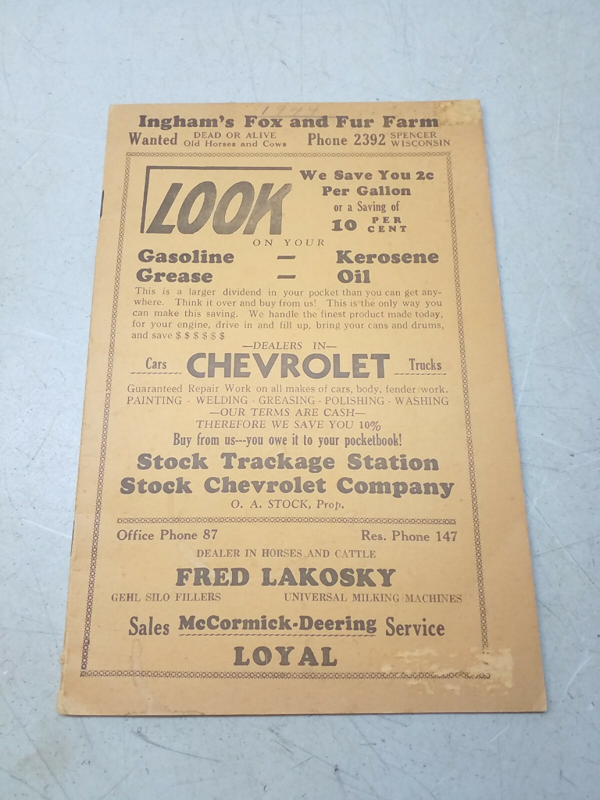 Vintage 1944 Advertising Local Farmers Account Book Ledger Spencer Loyal Wisc