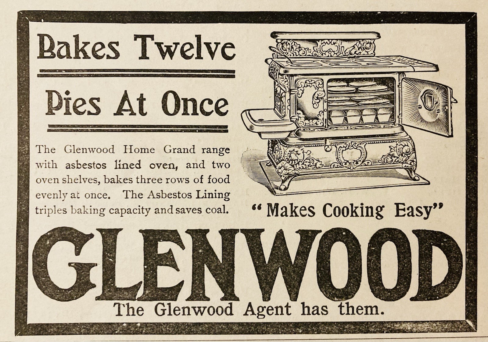 1900 AD.(PC5)~GLENWOOD STOVE CO. TAUNTON, MASS. GLENWOOD HOME GRAND RANGE STOVE