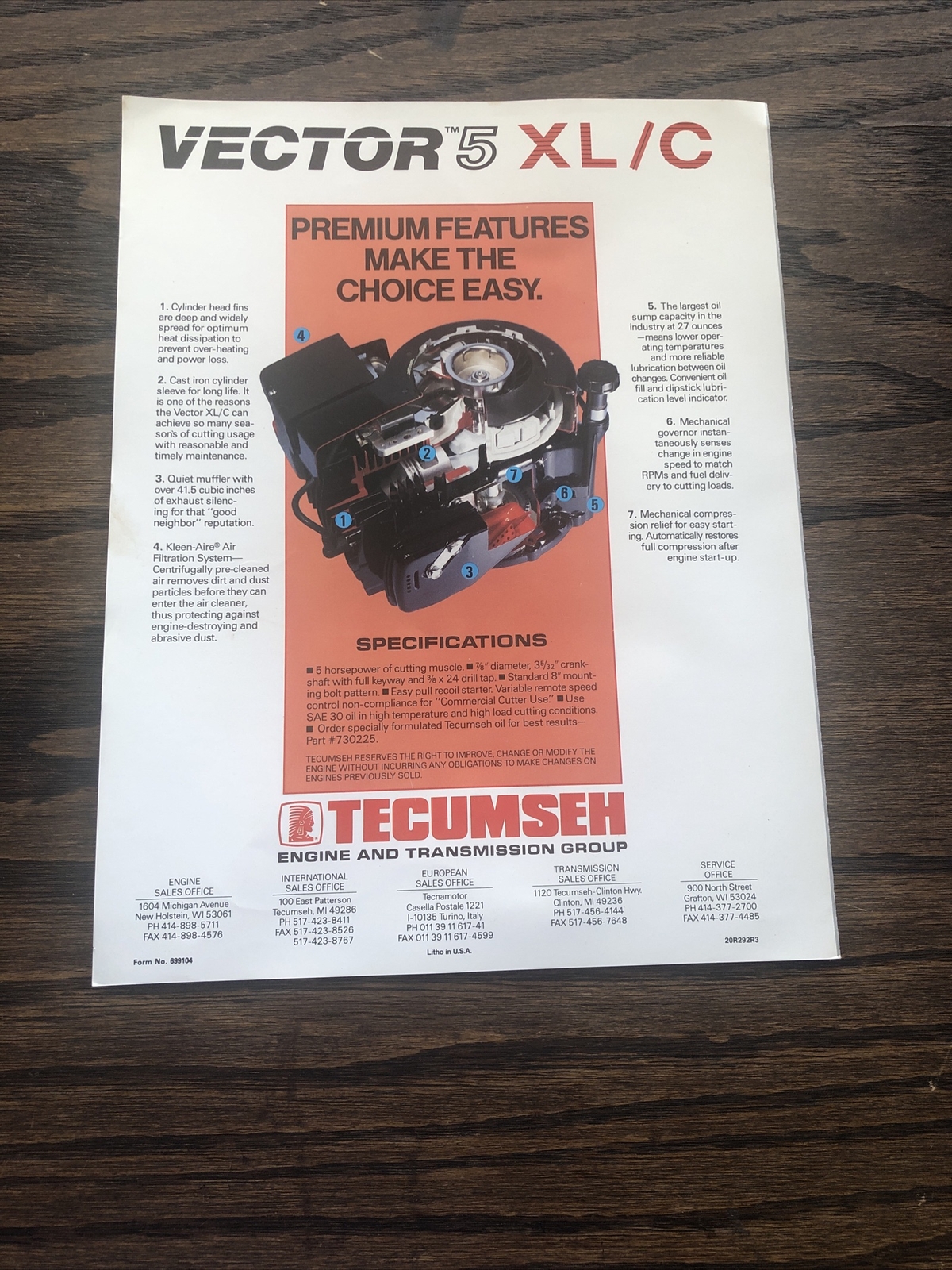 Tecumseh Vector 5 XL/C Tecumseh Engines vintage brochure 4-color 1992