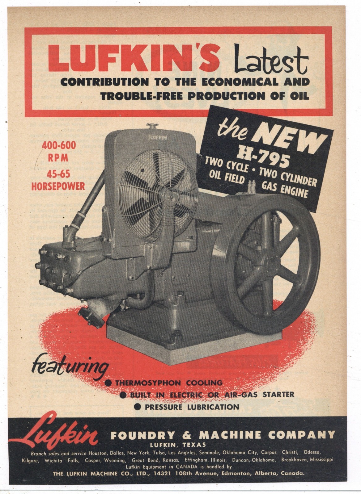 1953 Lufkin Foundry & Machine Co. of Lufkin, Texas Ad: H-795 Oil Field Engine